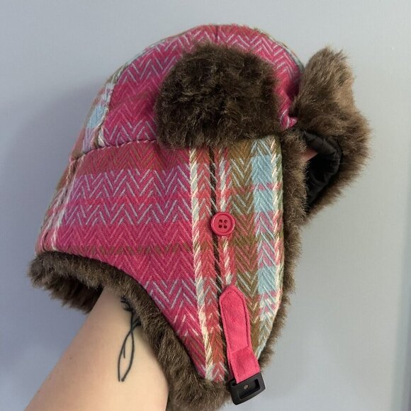 D&Y Trapper Hat Womens One Size Pink Shapka Plaid Winter Faux Fur Ear Flap - Picture 1 of 10